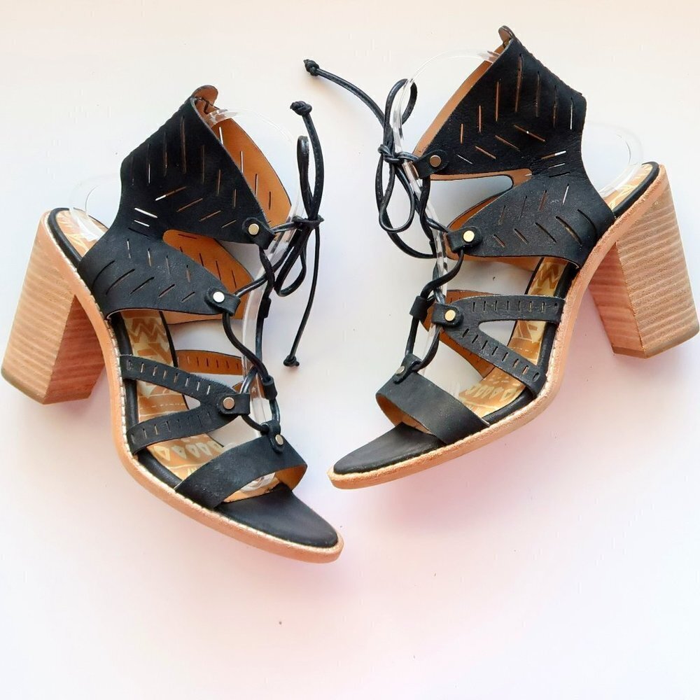 Dolce Vita Luci Black Nubuck Leather Lace-up Block Heel Sandals Summer Shoes